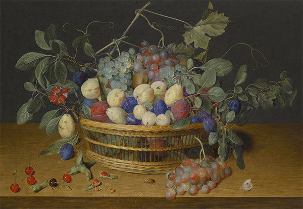Still Life with Plums, Grapes and Peaches in a Wicker Basket, Undated | Jacob van Hulsdonck | Painting Reproduction