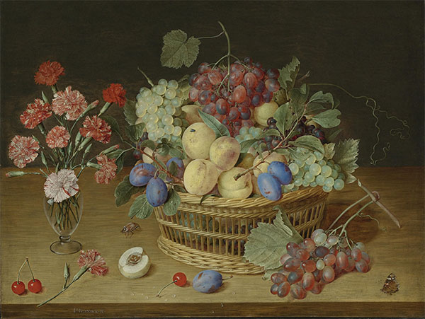 A Still Life with a Vase of Carnations and a Basket of Fruits, Undated | Jacob van Hulsdonck | Painting Reproduction