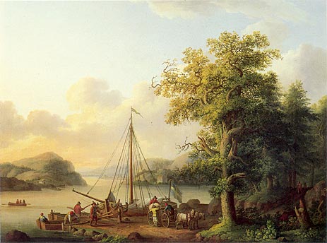 A River Landscape with Figures Loading a Small Sailing Boat, 1793 | Philippe Hackert | Gemälde Reproduktion