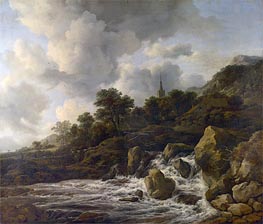 A Waterfall at the Foot of a Hill near a Village, c.1665/75 by Ruisdael | Painting Reproduction