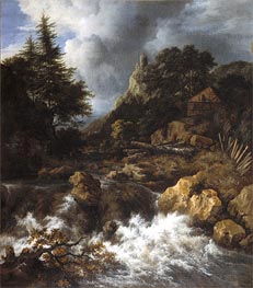 Waterfall with a Half-Timbered House and Castle, c.1665/70 von Ruisdael | Gemälde-Reproduktion