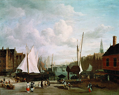 Harbour with Sailing Boats and Market Stalls, c.1660 by Ruisdael | Painting Reproduction