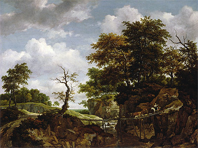 Landschaft mit Brücke, Vieh und Figuren, c.1660 von Ruisdael | Gemälde-Reproduktion