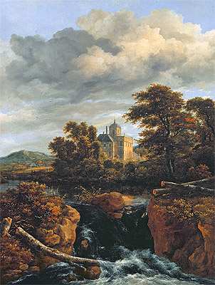 Landschaft mit Wasserfall und Schloss, c.1670 von Ruisdael | Gemälde-Reproduktion