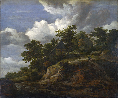 A Rocky Hill with Three Cottages a Stream at its Foot, c.1650/60 | Ruisdael | Painting Reproduction
