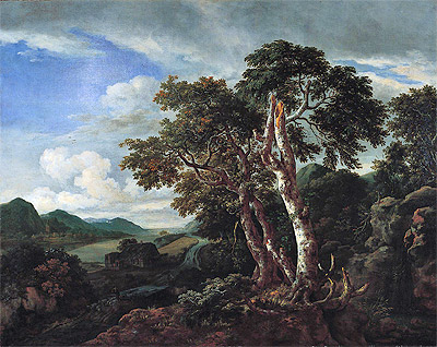 Three Great Trees in a Mountainous Landscape with a River, c.1665/70 | Ruisdael | Painting Reproduction