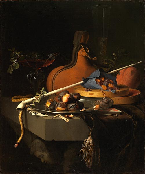 Still Life with Chestnuts on a Plate, a Clay Pipe and Smoking Accessories, 1678 | Jacob van Walscapelle | Painting Reproduction