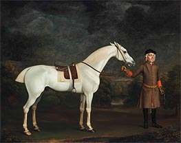 Ein gesatteltes graues Vollblutrennpferd wird von einem Pferdepfleger gehalten | James Seymour | Gemälde Reproduktion
