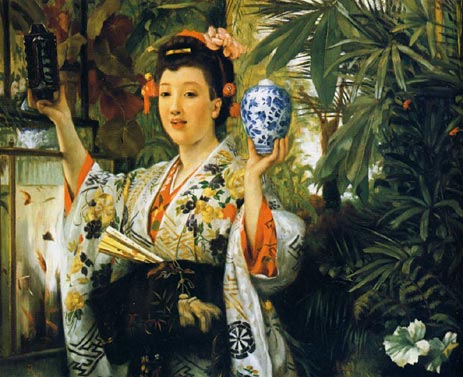 Young Lady Holding Japanese Objects, 1865 | Joseph Tissot | Gemälde Reproduktion