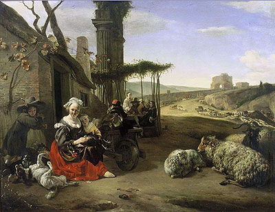 Italian Landscape with Inn and Ancient Ruins, 1658 | Jan Baptist Weenix | Painting Reproduction