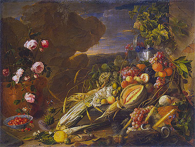 Fruit and a Vase of Flowers, 1655 | de Heem | Gemälde Reproduktion