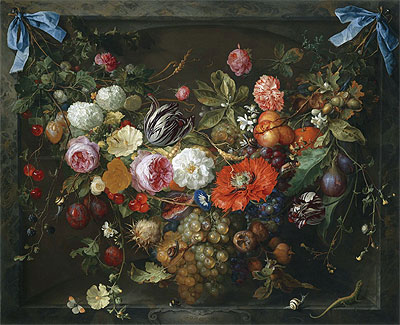 A Festoon of Fruit and Flowers in a Marble Niche, 1675 | de Heem | Painting Reproduction