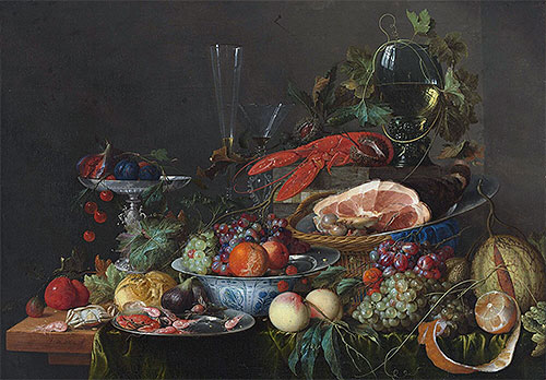 Still Life with Ham, Lobster and Fruit, c.1653 | de Heem | Painting Reproduction