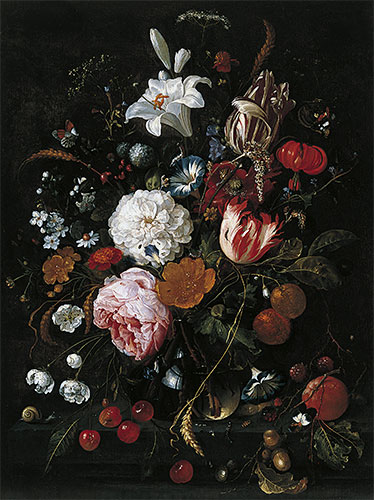 Flowers in a glass Vase with Fruit, c.1665 | de Heem | Painting Reproduction