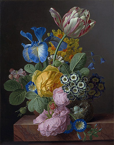 A Vase of Flowers with a Bird's Nest on a Marble Ledge, 1820 | van Dael | Painting Reproduction