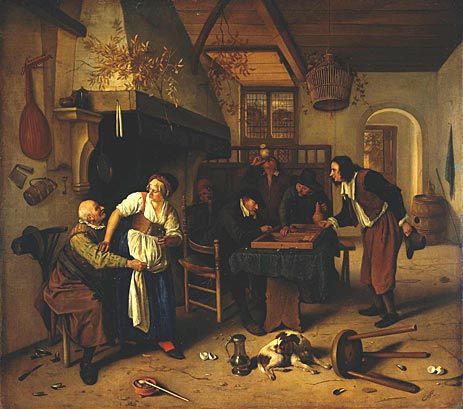Interior of Inn with Old Man, Landlady and Two Men, c.1636/79 | Jan Steen | Gemälde Reproduktion