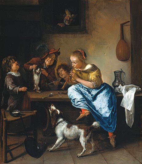 Children Teaching a Cat to Dance (Dancing Lesson), c.1665/68 | Jan Steen | Gemälde Reproduktion