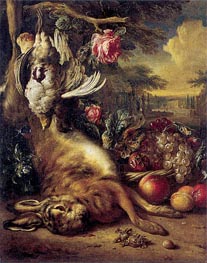 Toter Hase und Rosen und Früchte, 1692 von Jan Weenix | Gemälde-Reproduktion