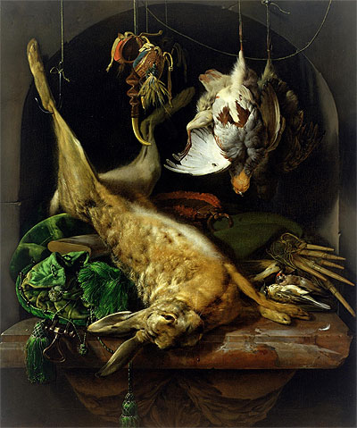 Still Life with a Dead Hare, Partridges and Other Birds in a Niche, c.1675 | Jan Weenix | Gemälde Reproduktion