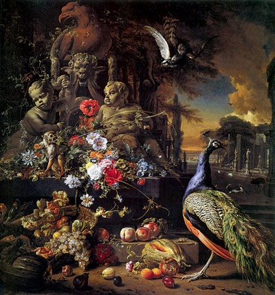 Flowers on a Fountain with a Peacock, c.1700/10 | Jan Weenix | Painting Reproduction