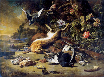 Stillleben mit totem Hasen und kleinen Vögeln, c.1700 | Jan Weenix | Gemälde Reproduktion