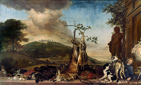 Hunting Still Life Before a Scenery with Castle Mountain Bens, 1712 | Jan Weenix | Gemälde Reproduktion