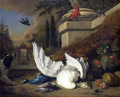 A Dog at a Dead Goose and a Peacock, c.1660/19 | Jan Weenix | Painting Reproduction
