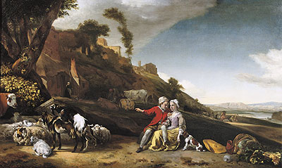Ein junges Paar mit Ziegen und Schafen in einer italianischen Landschaft | Jan Weenix | Gemälde Reproduktion