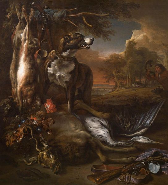 Ein Hirschhund mit erlegtem Wild und Jagdutensilien | Jan Weenix | Gemälde Reproduktion