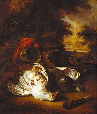 Ein Rebhuhn und eine Taube mit Jagdutensilien | Jan Weenix | Gemälde Reproduktion