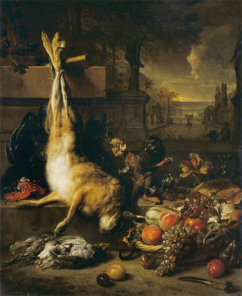 Toter Hase, Früchte und Affen, 1704 | Jan Weenix | Gemälde Reproduktion