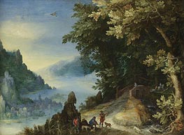 Mountainous River Landscape with Travellers, 159? by Jan Bruegel the Elder | Painting Reproduction