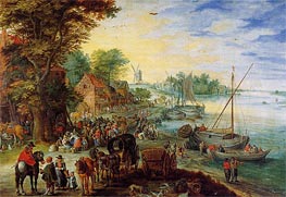 Fish Market on the Banks of the River | Jan Bruegel the Elder | Painting Reproduction