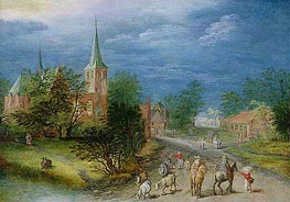 Village Landscape with Travellers | Jan Bruegel the Elder | Painting Reproduction