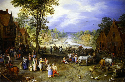 Dorfszene mit Kanal im Hintergrund | Jan Bruegel the Elder | Gemälde Reproduktion