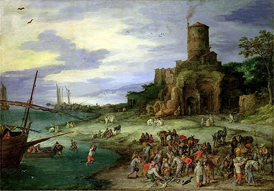 Fishermen on the Shore (Coastal Landscape with the Tomb of Scipion), 1607 | Jan Bruegel the Elder | Painting Reproduction