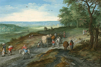 Panoramic Landscape with Covered Waggon and Travellers | Jan Bruegel the Elder | Painting Reproduction