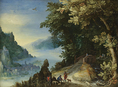 Mountainous River Landscape with Travellers, 159? | Jan Bruegel the Elder | Painting Reproduction