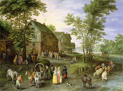 Dorfansicht mit Figuren, die sich zur Abreise vorbereiten | Jan Bruegel the Elder | Gemälde Reproduktion