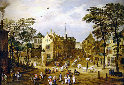 A View of a Flemish Street with Townsfolk and Waggoners, undated | Jan Bruegel the Elder | Gemälde Reproduktion