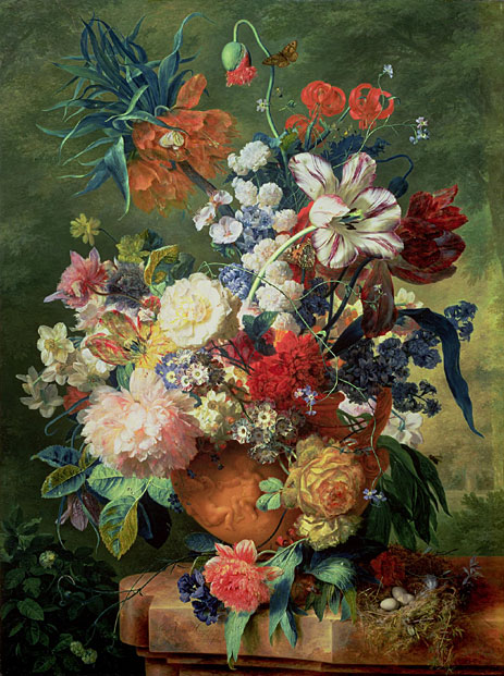 Still Life of Flowers and a Bird's Nest on a Pedestal, n.d. by Jan van Huysum | Painting Reproduction