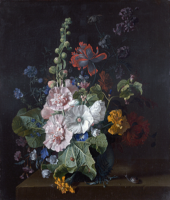 Hollyhocks and Other Flowers in a Vase, c.1702/20 | Jan van Huysum | Painting Reproduction