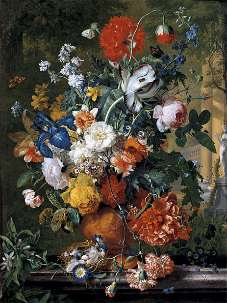 Flowers in a Terracotta Vase on a Marble Ledge, 1730 by Jan van Huysum | Painting Reproduction