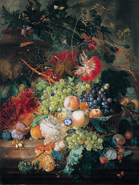 A Still Life of Fruit in a Basket With Flowers ..., n.d. by Jan van Huysum | Painting Reproduction