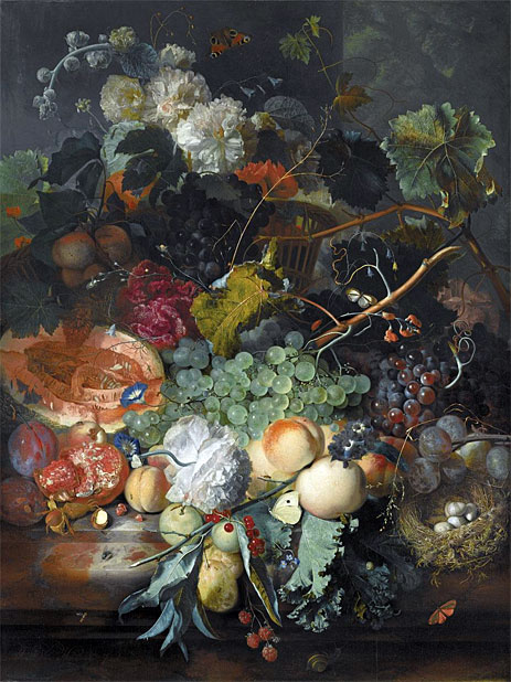 Stillleben von Früchten auf Marmorvorsprung, n.d. | Jan van Huysum | Gemälde Reproduktion