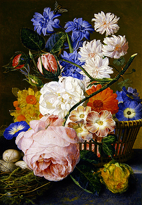 Roses, Morning Glory, Narcissi, Aster and Other Flowers in a Basket, 1744 | Jan van Huysum | Painting Reproduction