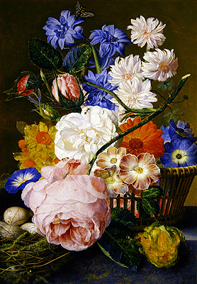 Rosen, Prunkwinde, Narzissen, Astern und andere Blumen in einem Korb | Jan van Huysum | Gemälde Reproduktion
