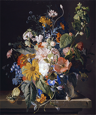 Flowers in a Vase with a Snail on a Ledge, n.d. by Jan van Huysum | Painting Reproduction