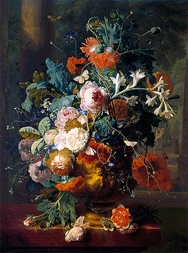 Vase of Flowers in a Park with Statue, n.d. by Jan van Huysum | Painting Reproduction