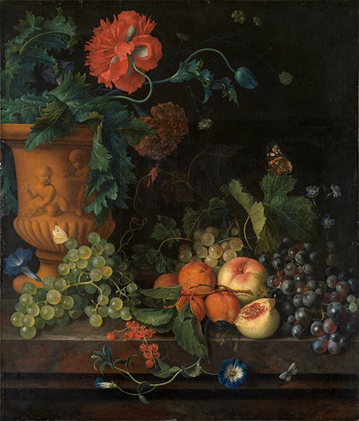 Tonvase mit Blumen daneben Früchte, undated | Jan van Huysum | Gemälde Reproduktion